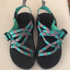 Kids Chacos size 13 sea foam, coral and purple.